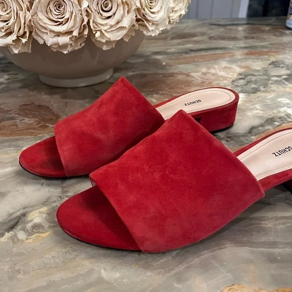 Schutz Red Suede Slide Sandals - Picture 4 of 8